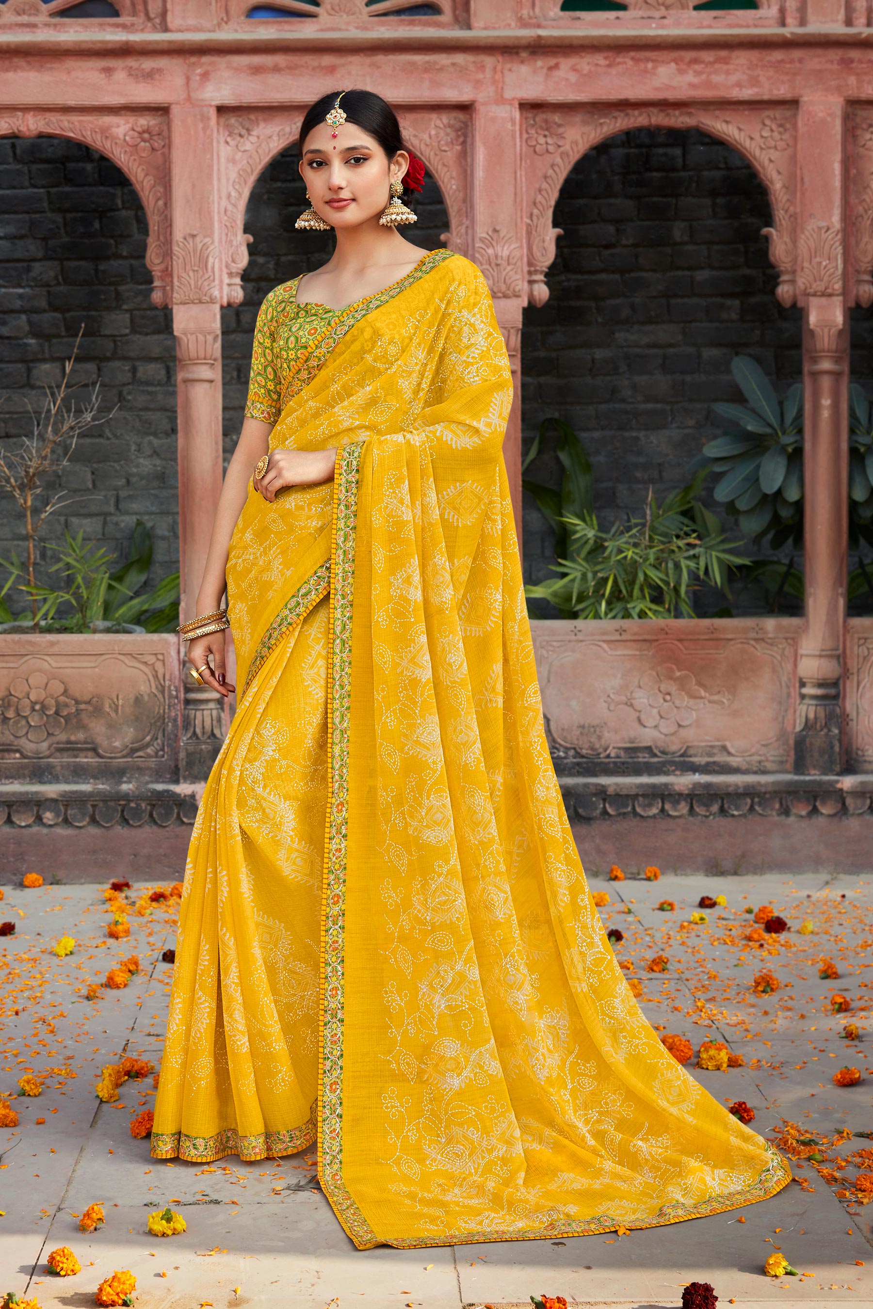 Laxmipati Chiffon Yellow Floral Printed Saree