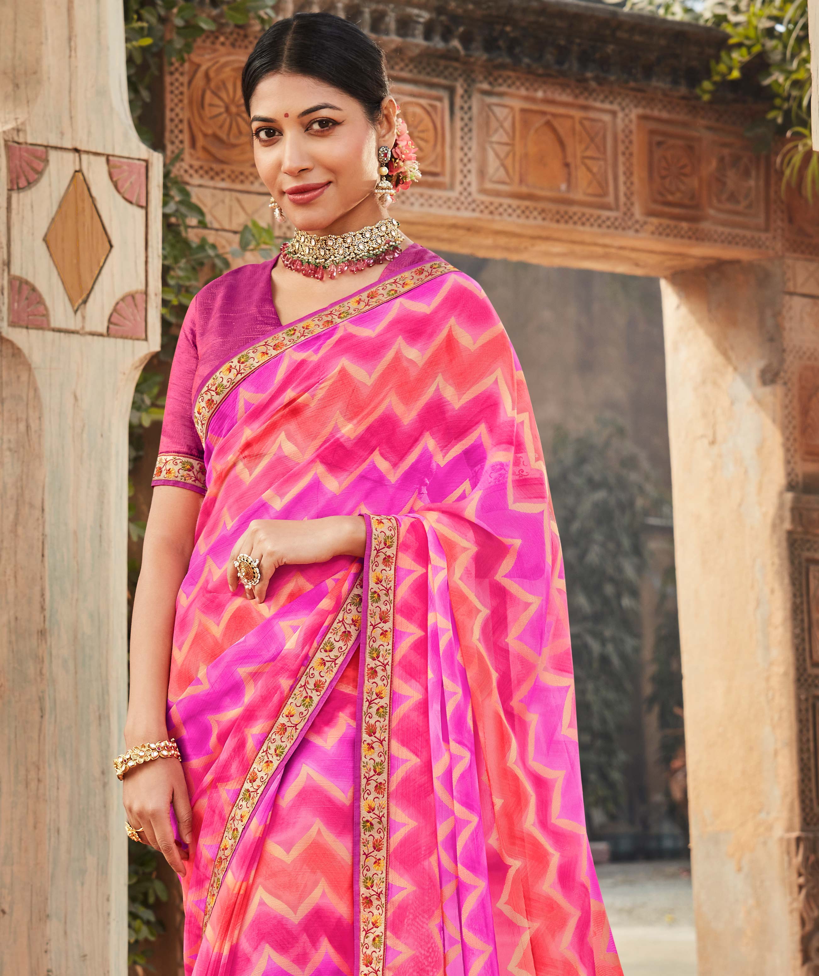 Laxmipati Chiffon Pink Chevron Printed Saree
