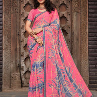 Laxmipati Pink Floral Printed Chiffon Saree