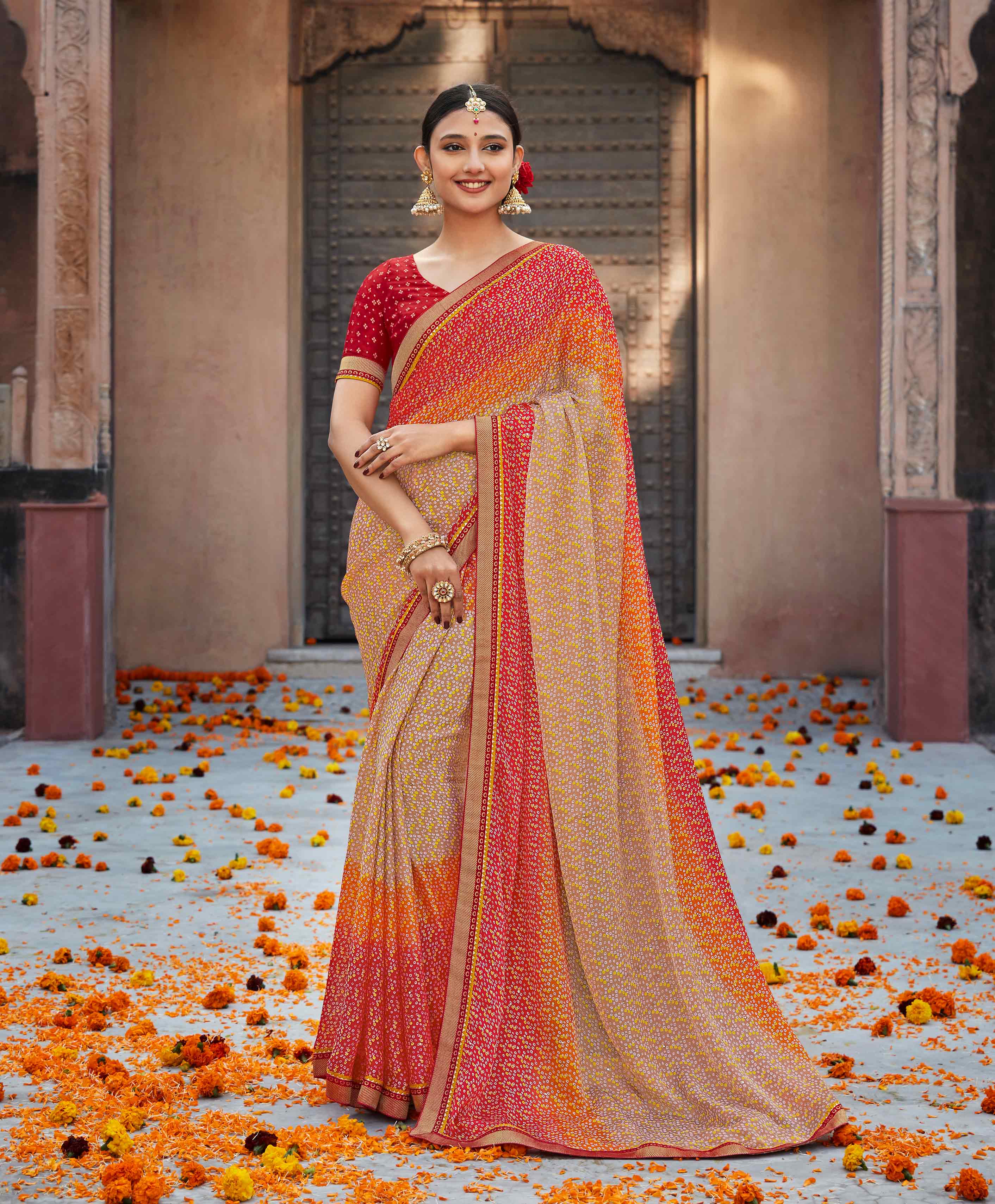 Laxmipati Chiffon Multicolor Bandhani Printed Saree