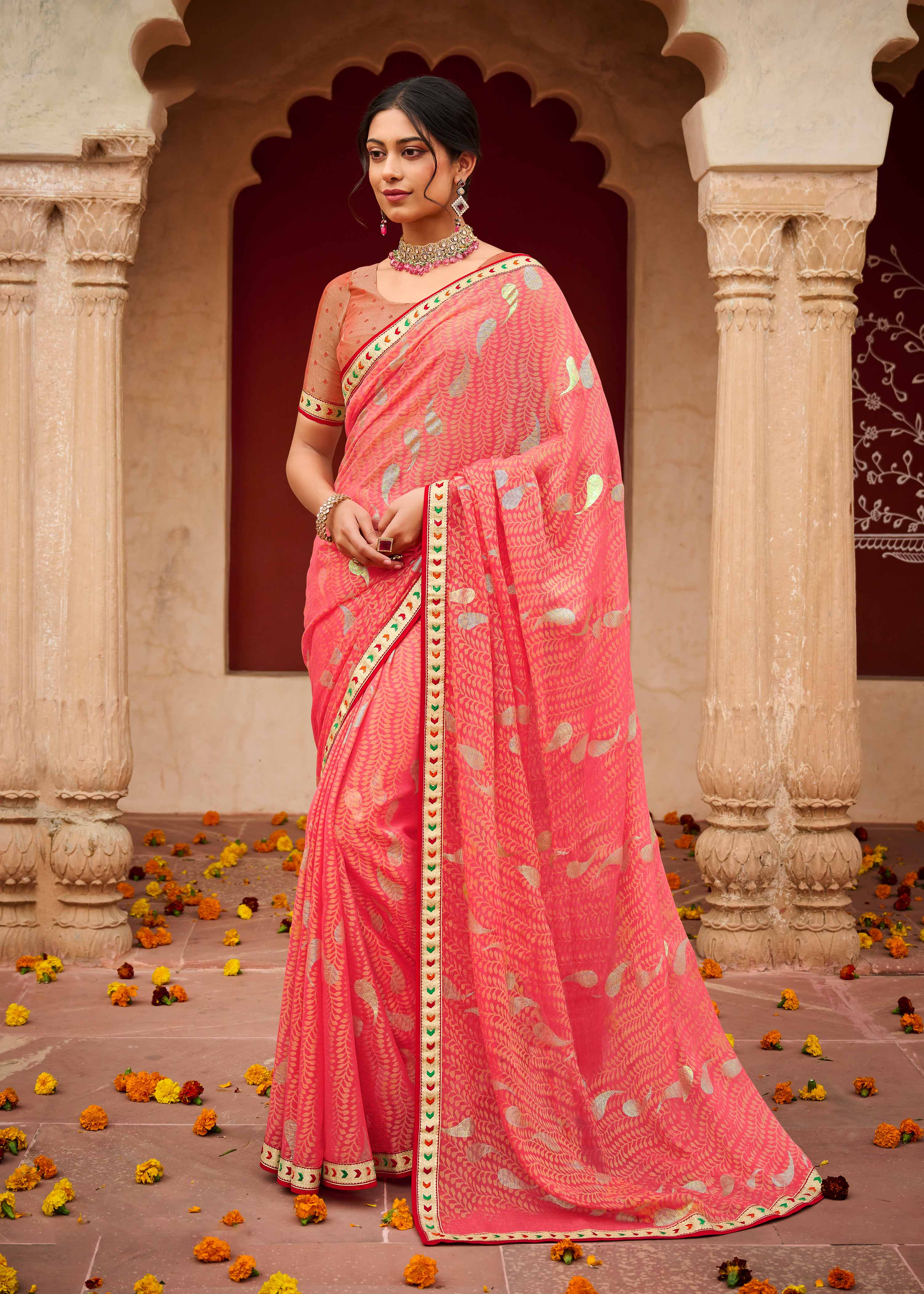 Laxmipati Chiffon Pink Floral Printed Saree