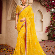 Laxmipati Geometric Yellow Chiffon Printed Saree