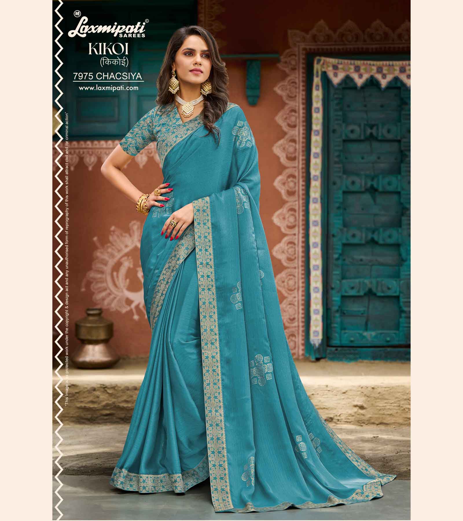 KIKOI 7975 Silk Chiffon Firozi Saree