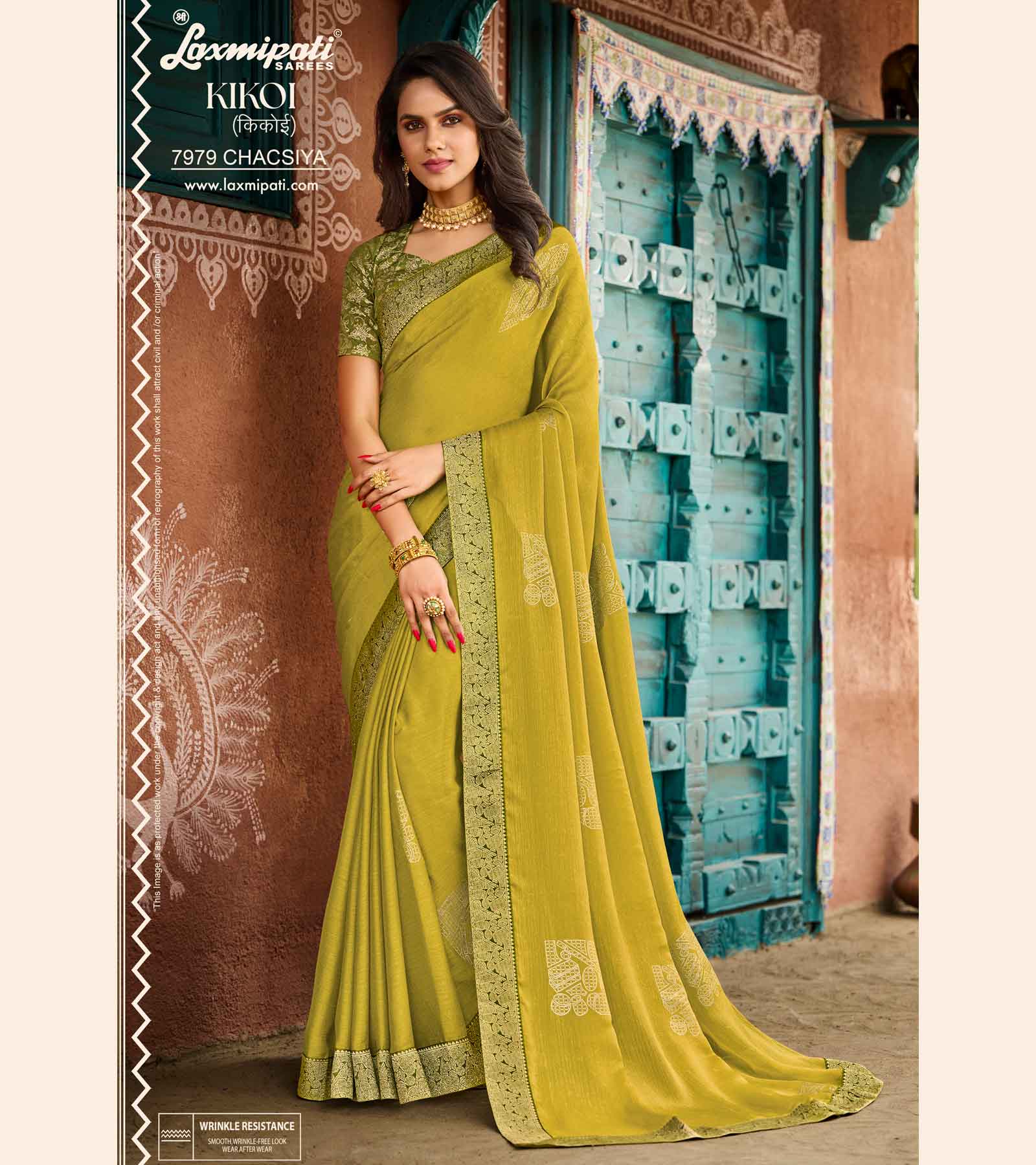 KIKOI 7979 Silk Chiffon Dusty Yellow Saree