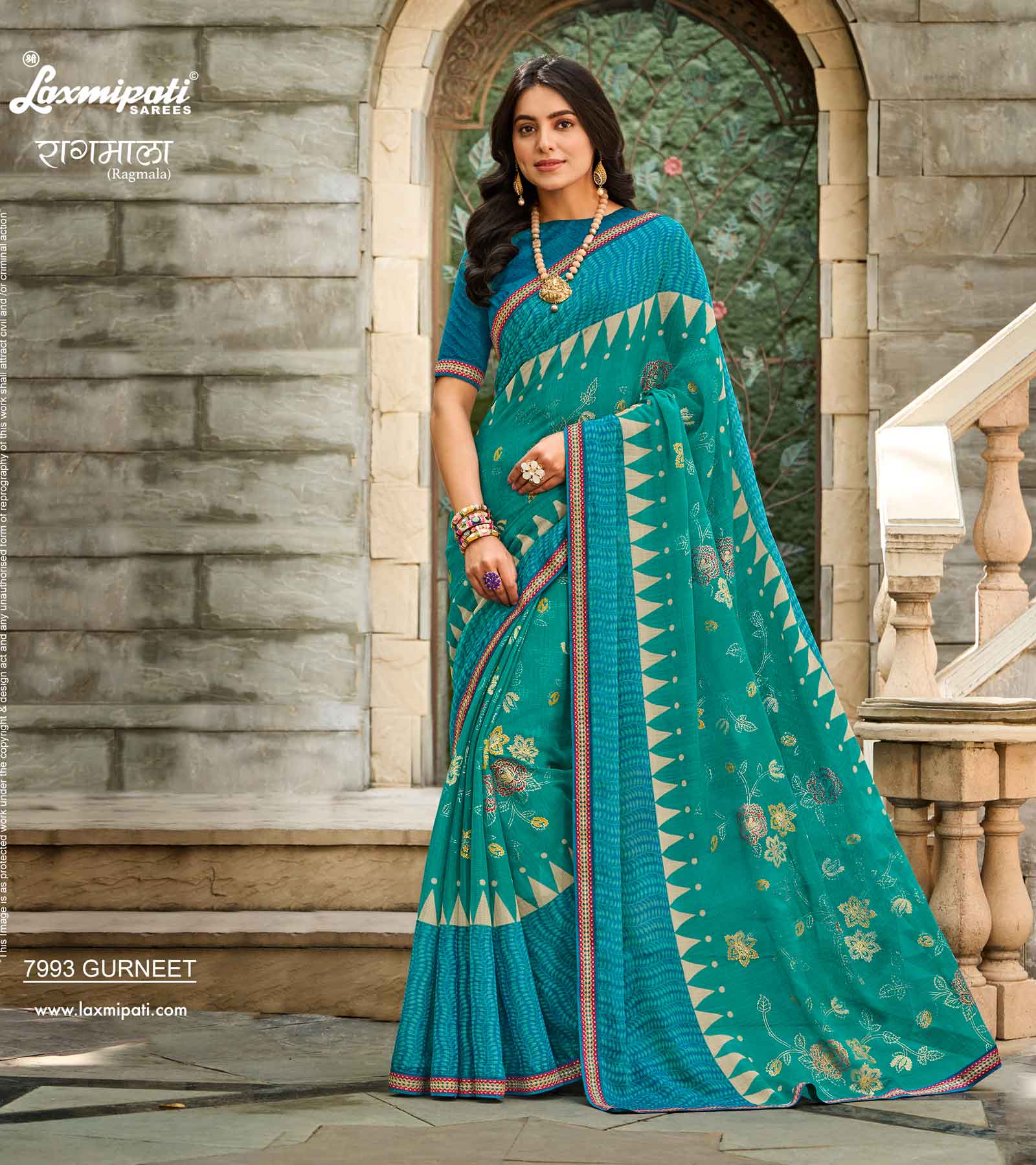 Laxmipati RAGMALA 7993 Chiffon Firozi Saree