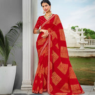 Laxmipati Chiffon Red Geometric Printed Saree
