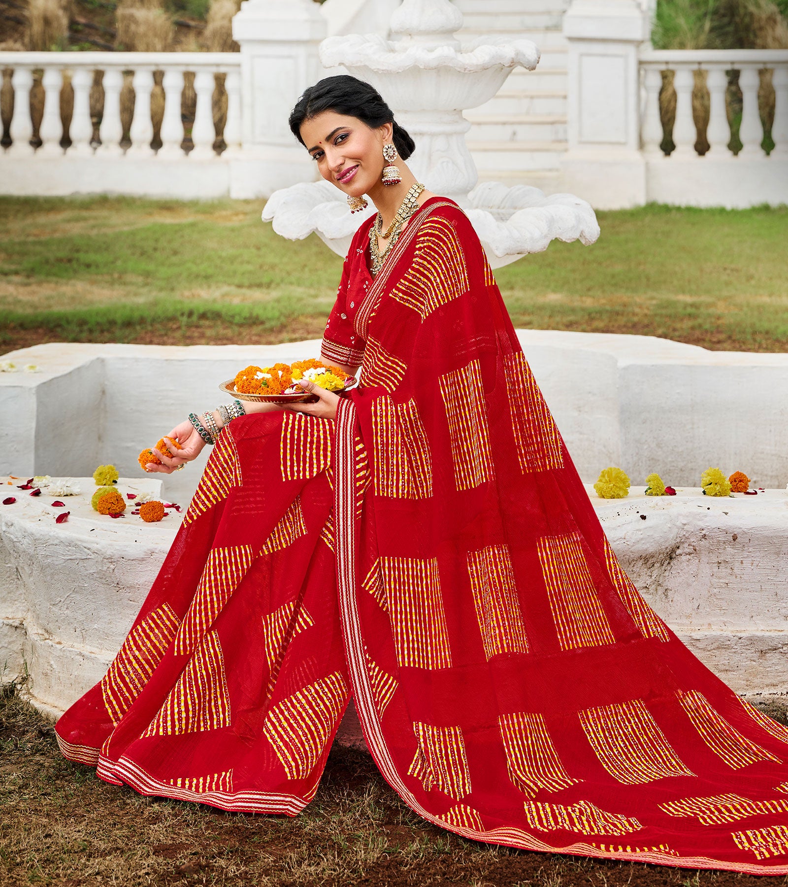 Laxmipati Chiffon Red Geometric Printed Saree