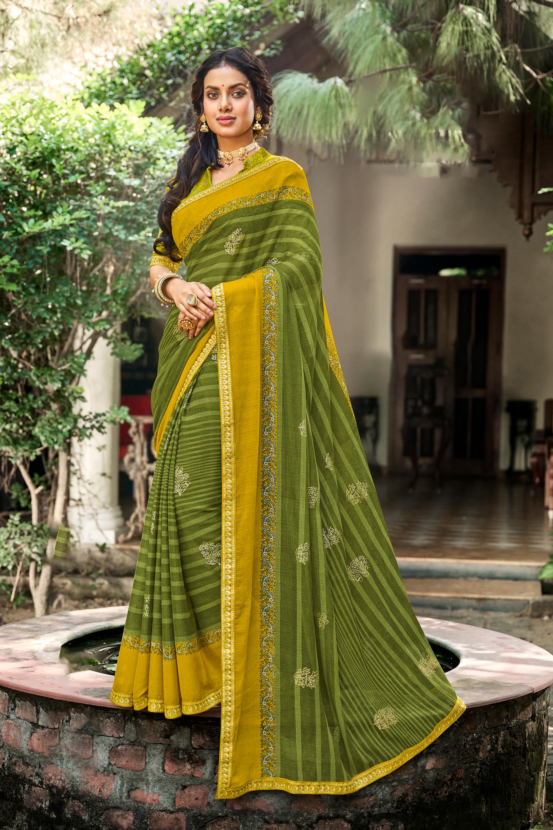 Laxmipati Chiffon Green Floral Printed Saree