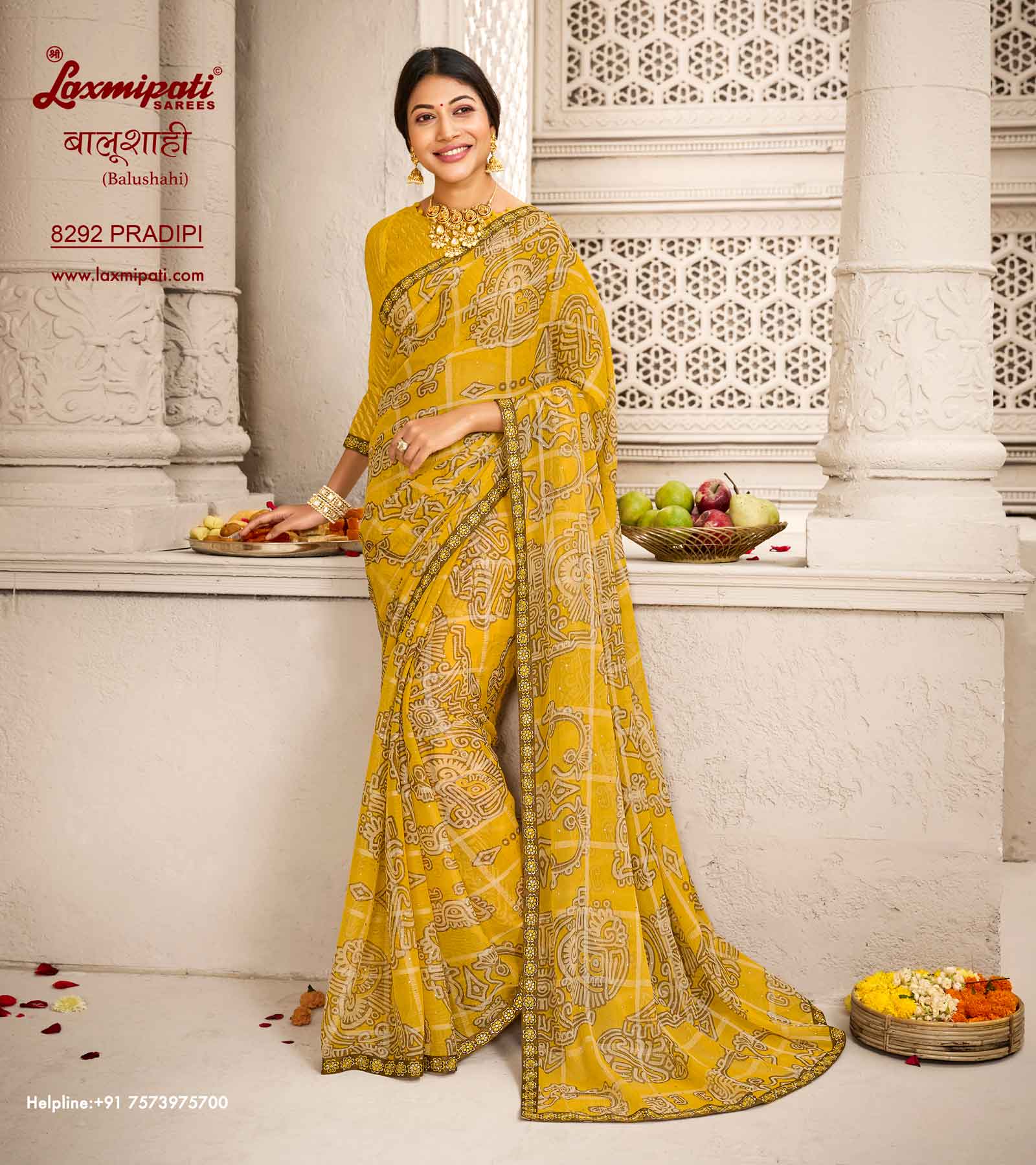 Laxmipati Balushahi 8292 Chiffon Checks Mustard Saree