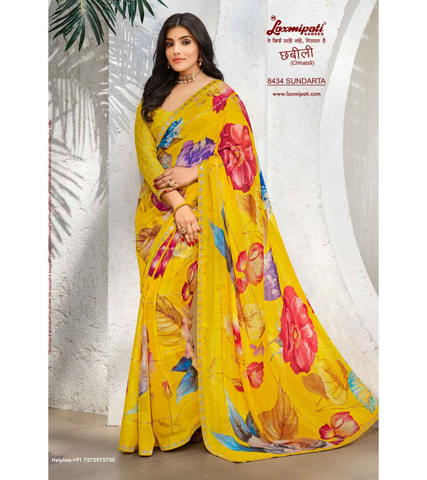 Laxmipati Chhabili 8434 Sparkle Chiffon With patta Lemon Saree