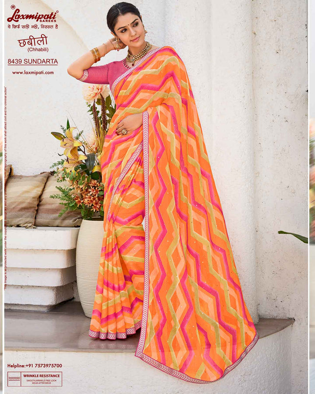 Laxmipati Chhabili 8439 Sparkle Chiffon With patta Multicolor Saree