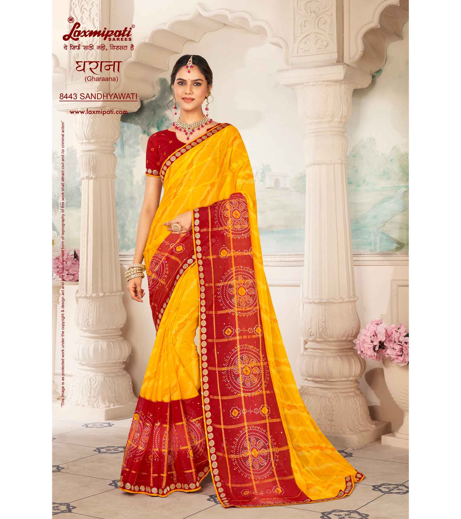 Laxmipati Gharaana 8443 Chiffon Checks Red & Yellow Saree