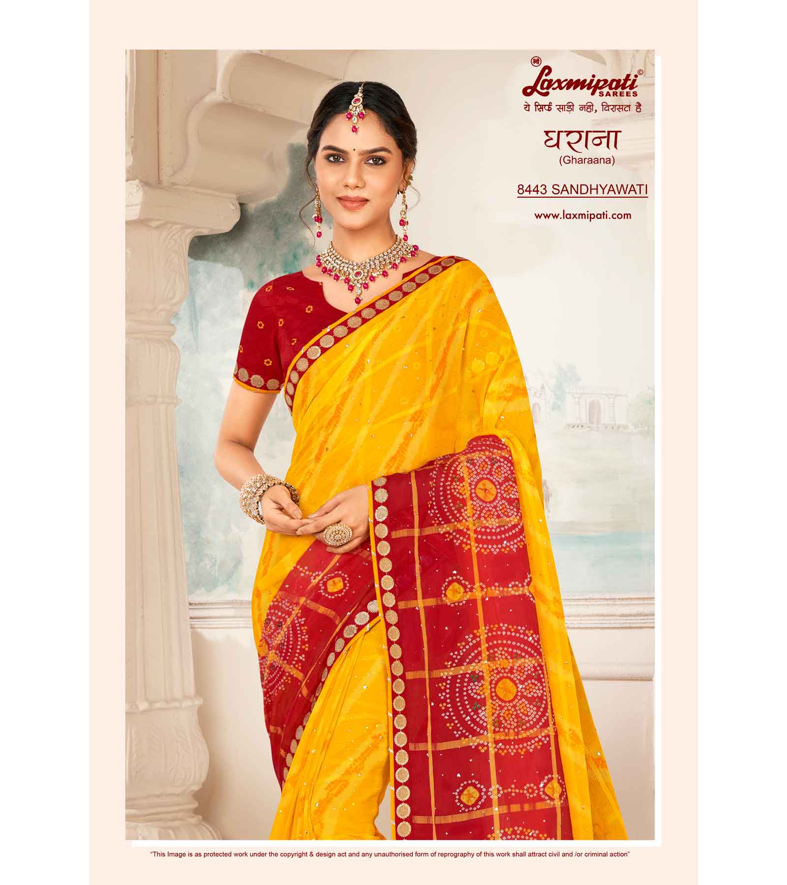 Laxmipati Gharaana 8443 Chiffon Checks Red & Yellow Saree