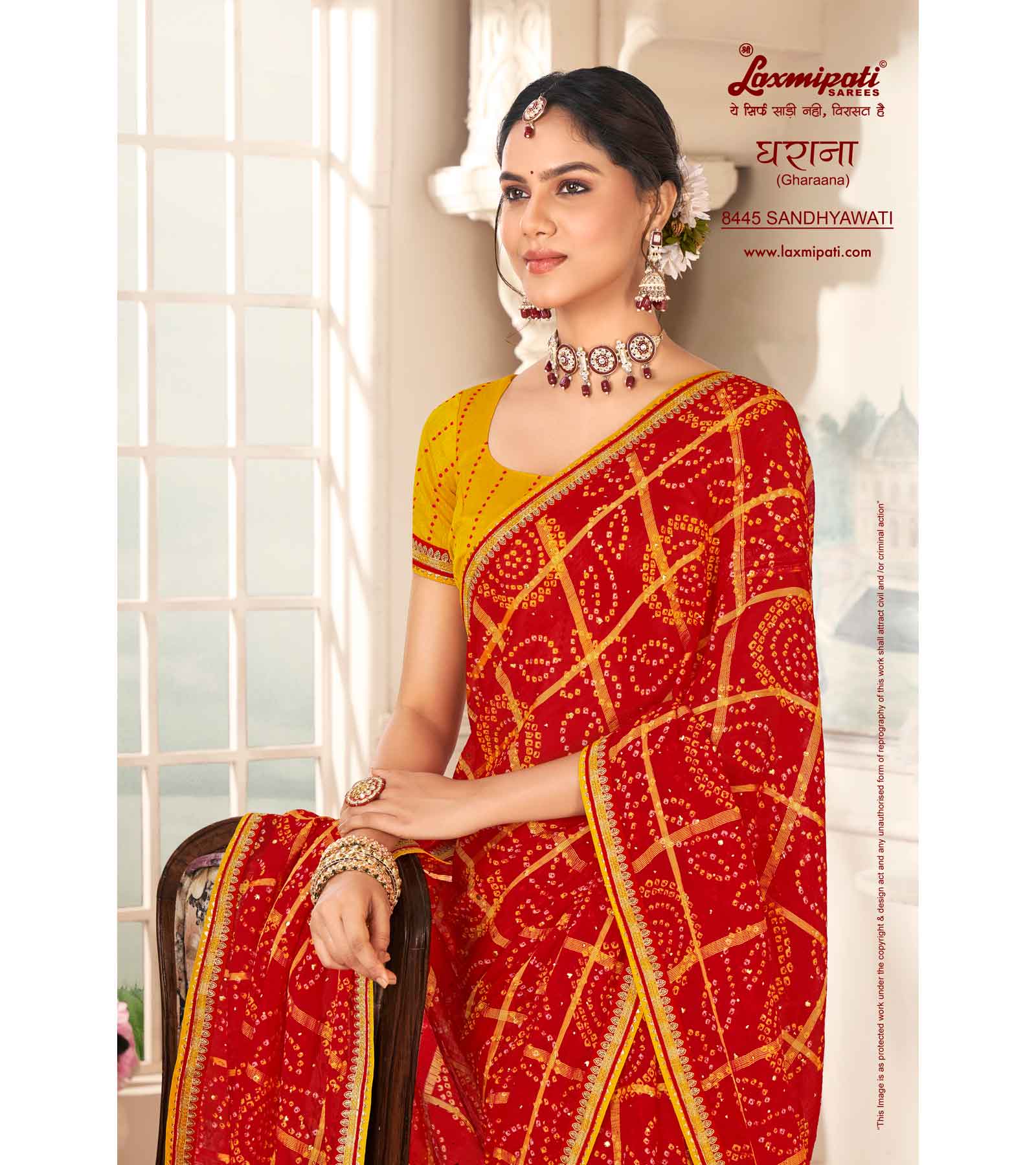 Laxmipati Gharaana 8445 Chiffon Checks Red Saree