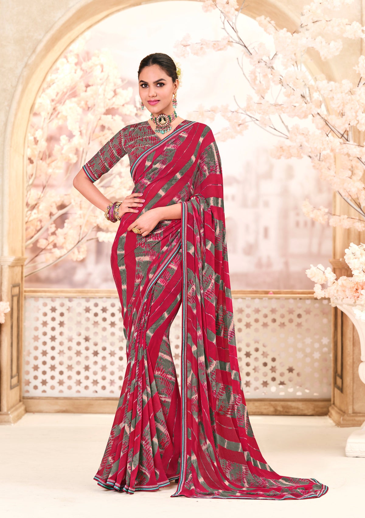 Red Georgette Saree with Graceful Lace Border - Kitkat