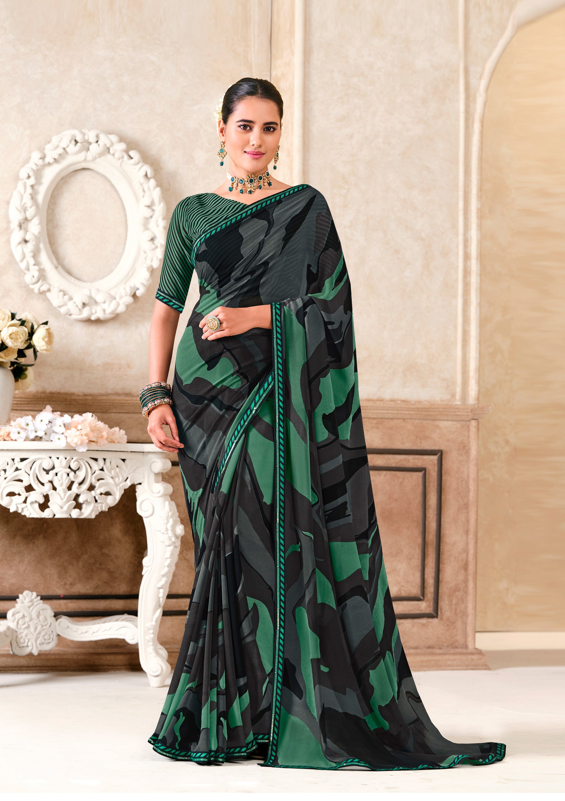 Blue Georgette Saree with Graceful Lace Border - Kitkat