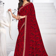 Red Georgette Saree with Abstract Print  - Nazaara