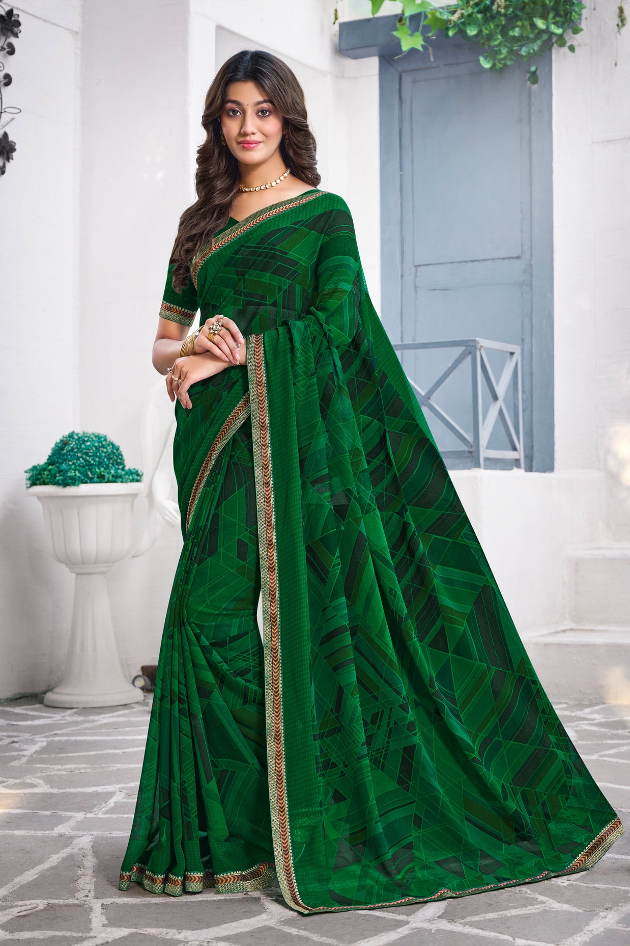 Green Georgette Saree with Geometric Print  - Nazaara