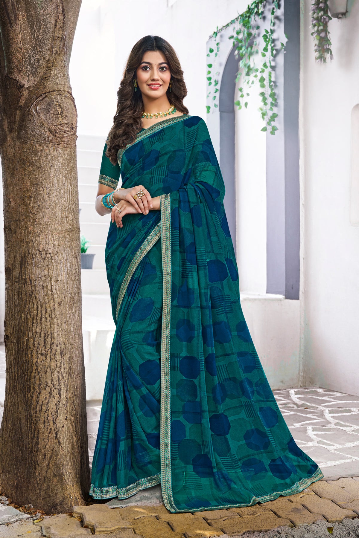 Blue Georgette Saree with Geometric Print  - Nazaara