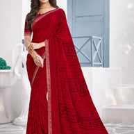 Red Georgette Saree with Geometric Print - Nazaara