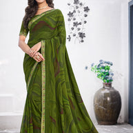 Olive Green Georgette Saree with Abstract Print  - Nazaara