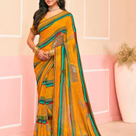 Laxmipati Honey Bunny Abstract Floral Printed Georgette Saree in Mustard Color with Unstitched Blouse