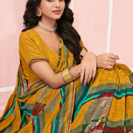 Laxmipati Honey Bunny Abstract Floral Printed Georgette Saree in Mustard Color with Unstitched Blouse