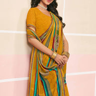 Laxmipati Honey Bunny Abstract Floral Printed Georgette Saree in Mustard Color with Unstitched Blouse