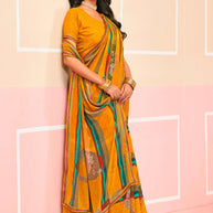 Laxmipati Honey Bunny Abstract Floral Printed Georgette Saree in Mustard Color with Unstitched Blouse