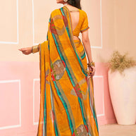 Laxmipati Honey Bunny Abstract Floral Printed Georgette Saree in Mustard Color with Unstitched Blouse