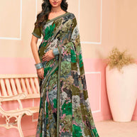 Laxmipati Honey Bunny Floral Printed Georgette Saree in Olive Green Color with Unstitched Blouse