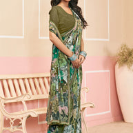 Laxmipati Honey Bunny Floral Printed Georgette Saree in Olive Green Color with Unstitched Blouse