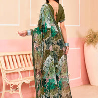 Laxmipati Honey Bunny Floral Printed Georgette Saree in Olive Green Color with Unstitched Blouse