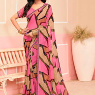 Laxmipati Honey Bunny Abstract Printed Georgette Saree in Pink Color with Unstitched Blouse