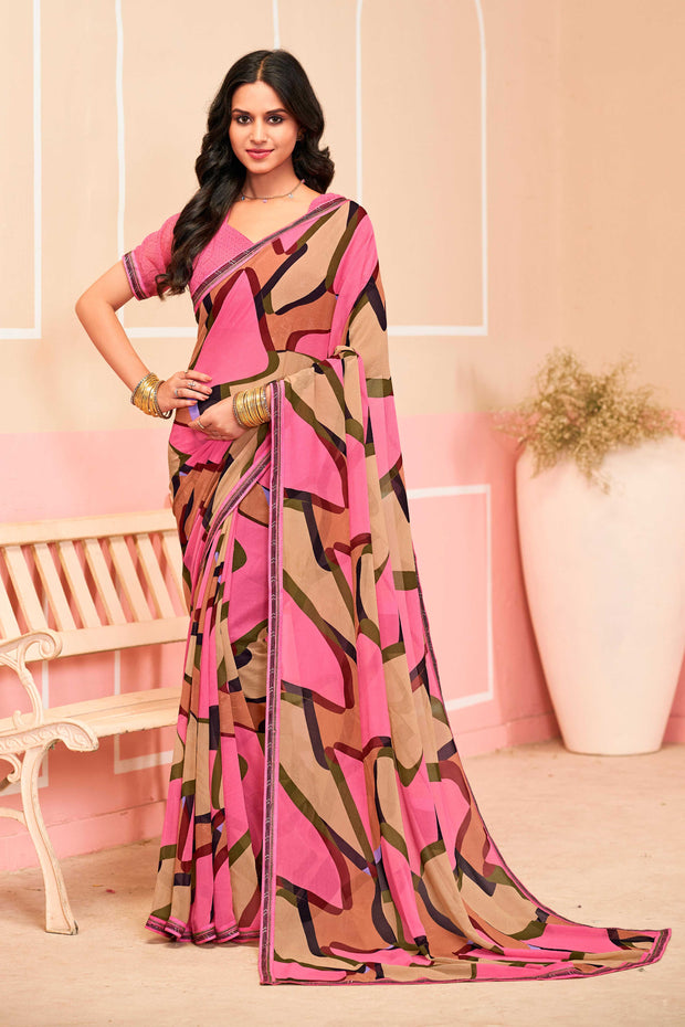 Laxmipati Honey Bunny Abstract Printed Georgette Saree in Pink Color with Unstitched Blouse