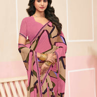 Laxmipati Honey Bunny Abstract Printed Georgette Saree in Pink Color with Unstitched Blouse