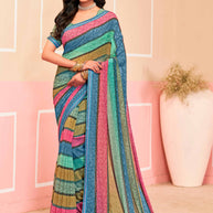 Laxmipati Honey Bunny Striped Printed Georgette Saree in Multicolor with Unstitched Blouse