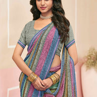 Laxmipati Honey Bunny Striped Printed Georgette Saree in Multicolor with Unstitched Blouse