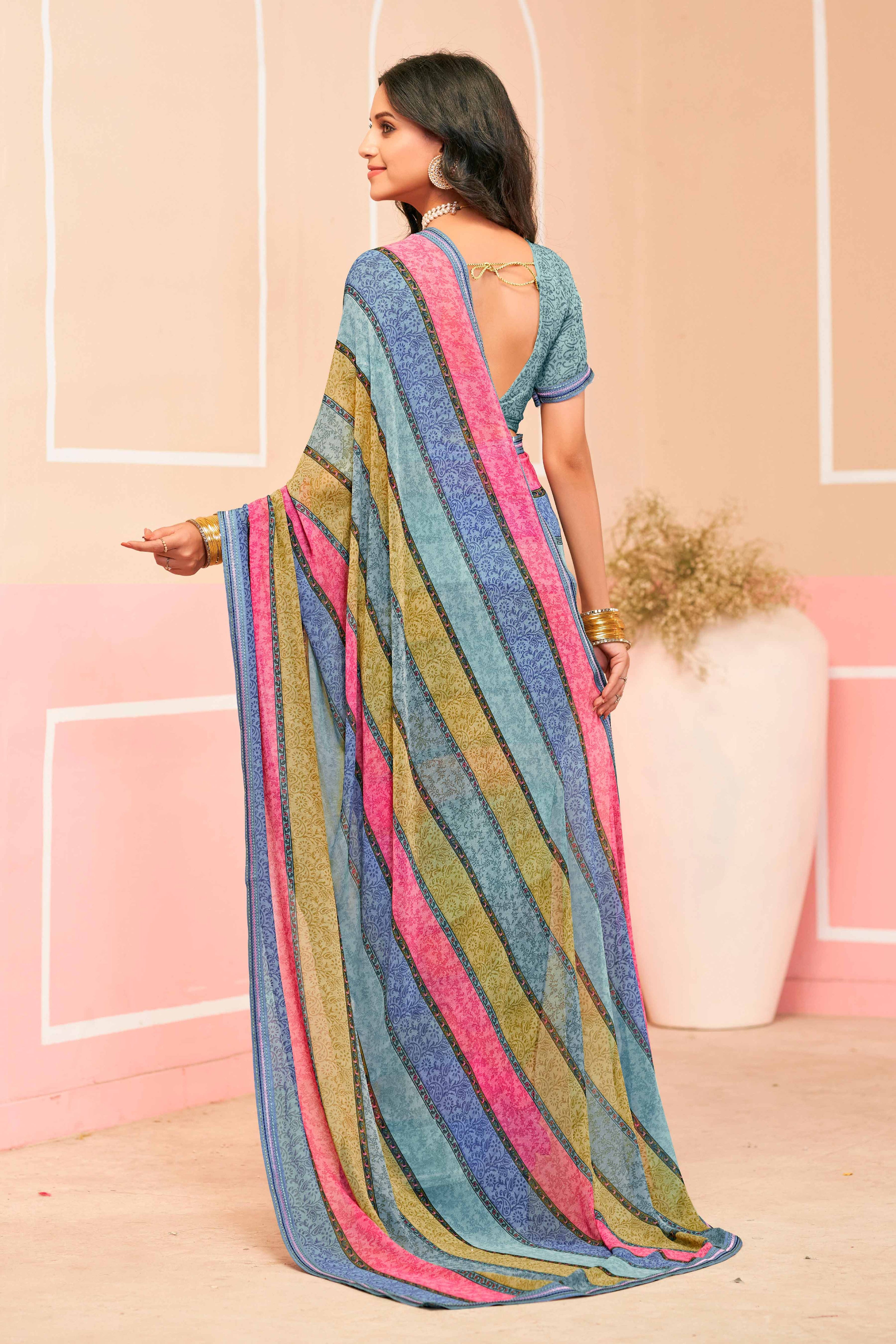 Laxmipati Honey Bunny Striped Printed Georgette Saree in Multicolor with Unstitched Blouse