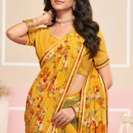 Laxmipati Honey Bunny Geometric Printed Georgette Saree in Yellow Color with Unstitched Blouse