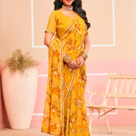 Laxmipati Honey Bunny Geometric Printed Georgette Saree in Yellow Color with Unstitched Blouse