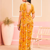 Laxmipati Honey Bunny Geometric Printed Georgette Saree in Yellow Color with Unstitched Blouse
