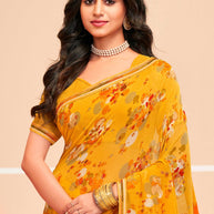 Laxmipati Honey Bunny Geometric Printed Georgette Saree in Yellow Color with Unstitched Blouse
