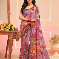 Laxmipati Honey Bunny Floral Printed Georgette Saree in Purple Color with Unstitched Blouse