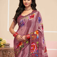 Laxmipati Honey Bunny Floral Printed Georgette Saree in Purple Color with Unstitched Blouse