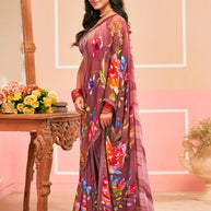 Laxmipati Honey Bunny Floral Printed Georgette Saree in Purple Color with Unstitched Blouse