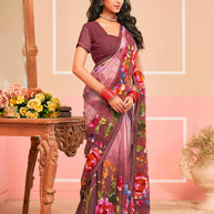 Laxmipati Honey Bunny Floral Printed Georgette Saree in Purple Color with Unstitched Blouse