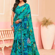 Laxmipati Honey Bunny Geometric Printed Georgette Saree in Turquoise Color with Unstitched Blouse