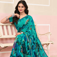 Laxmipati Honey Bunny Geometric Printed Georgette Saree in Turquoise Color with Unstitched Blouse