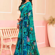 Laxmipati Honey Bunny Geometric Printed Georgette Saree in Turquoise Color with Unstitched Blouse